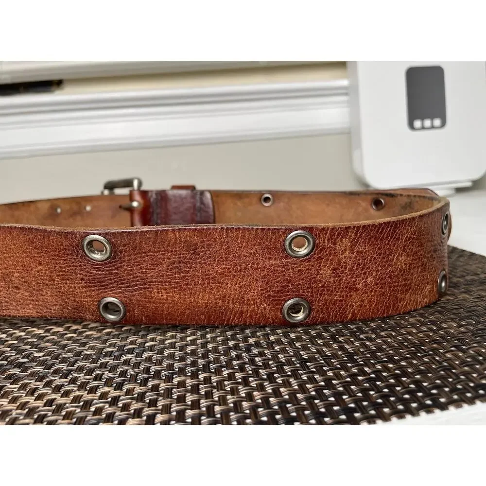 American Eagle Brown Leather Belt Wide 2 Prong Rustic Western Silver Buckle Lrge